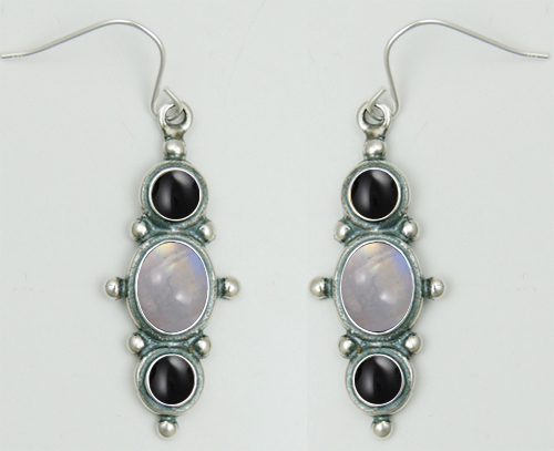 Sterling Silver Drop Dangle Earrings With Rainbow Moonstone And Black Onyx